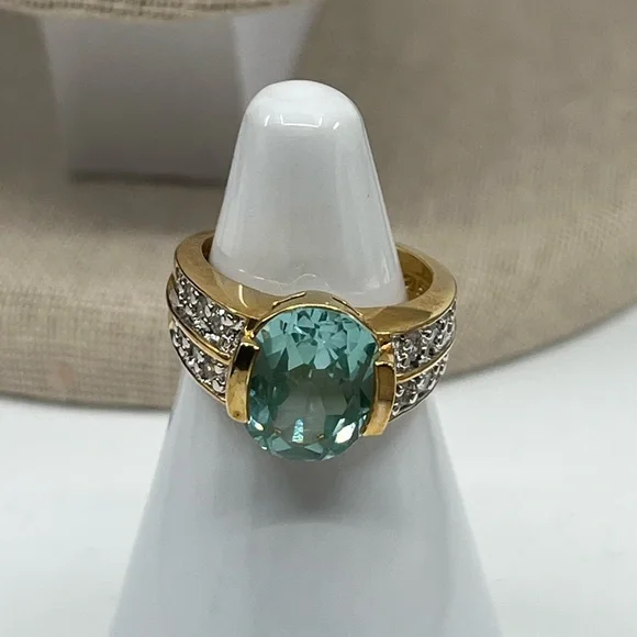 Vintage 925 Gold Overlay Sterling Silver Green Gemstone Ring, Size 4.75 - Picture 7 of 17